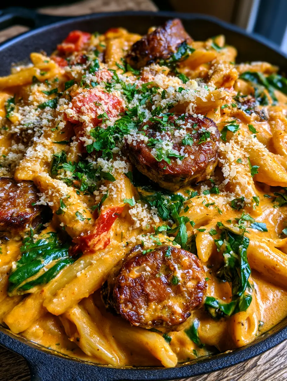 Overhead view of Creamy Cajun Sausage Penne with vibrant orange sauce and green spinach ribbons.