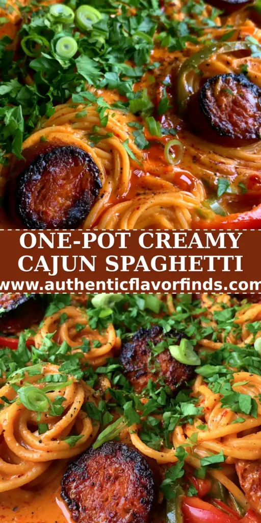 A top-down shot of a black cast iron skillet filled with Creamy Cajun spaghetti, charred andouille sausage, and vibrant bell peppers garnished with parsley.