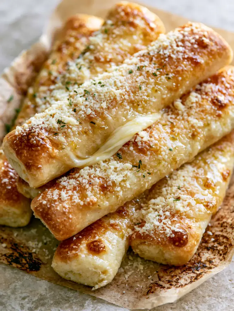 Close-up of a mozzarella cheese pull between two garlic breadsticks with parsley flecks (Little Caesars).