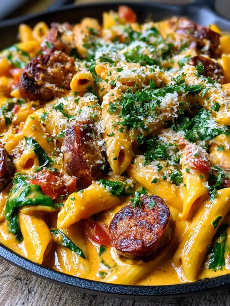 Macro shot of seared Andouille sausage rounds and fluffy parmesan cheese on Creamy Cajun Sausage Penne.
