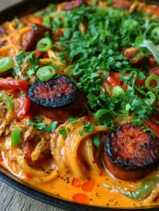 Extreme close-up of glossy Creamy Cajun spaghetti with visible specks of black pepper and charred sausage rounds.
