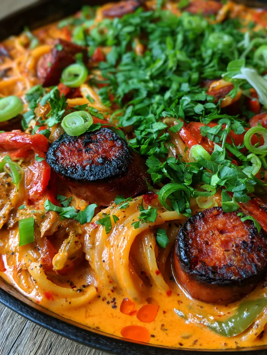 Extreme close-up of glossy Creamy Cajun spaghetti with visible specks of black pepper and charred sausage rounds.