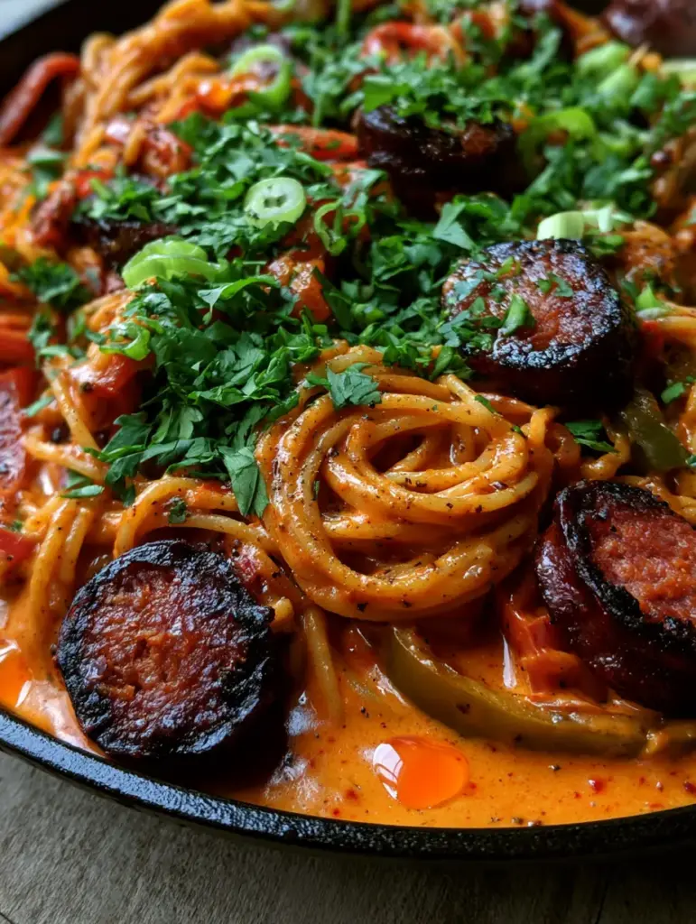 Twirled strands of Creamy Cajun spaghetti in a skillet with droplets of chili oil and fresh green scallion rings.