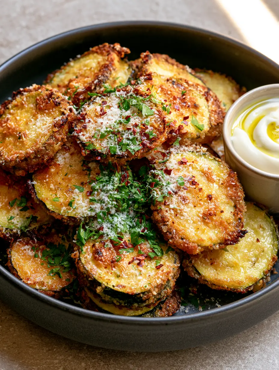 Macro shot of air-fried zucchini rounds with a golden-brown parmesan crust and blistered edges. (zucchini side dishes)