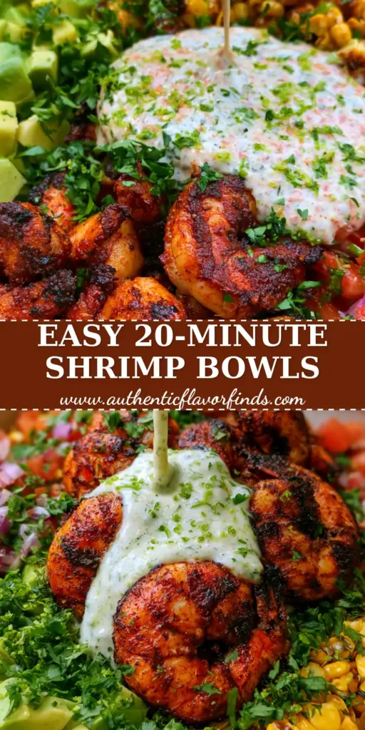 A healthy grilled shrimp bowl recipe featuring blackened jumbo shrimp, creamy cilantro lime sauce being drizzled, cubed avocado, and charred corn in a white bowl.