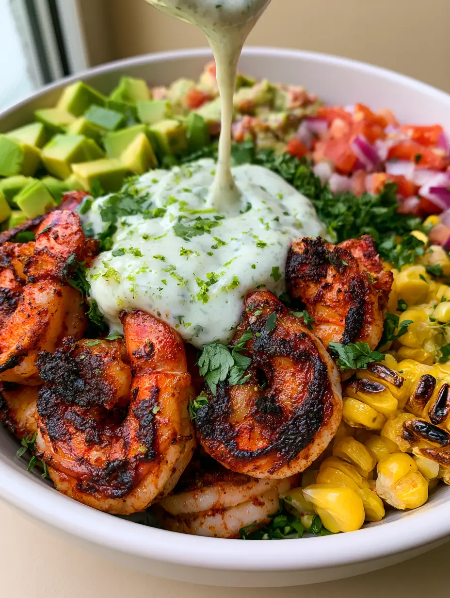 Extreme close-up of succulent jumbo shrimp with deep, crispy blackened char marks and a glistening spice rub in a grilled shrimp bowl recipe.