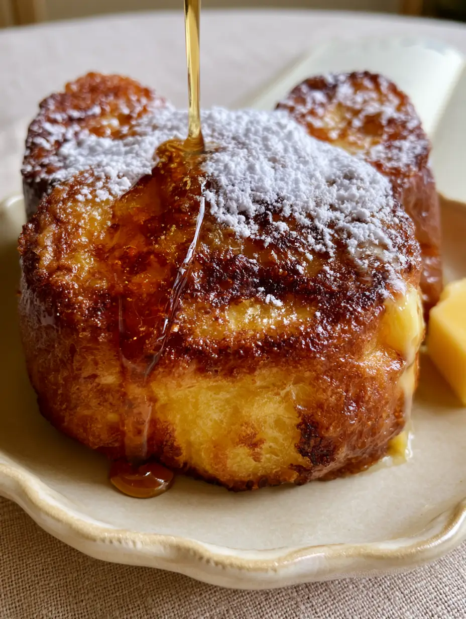 A macro photo of Frenchie Toast sticker sheet bread with a melting butter square and syrup drip.