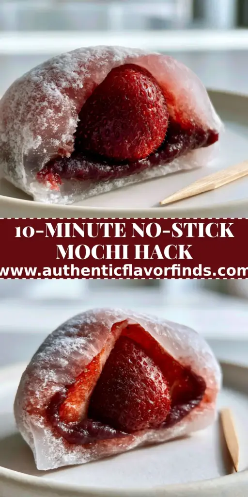 A minimalist display of pink Strawberry Mochi on a matte white plate with a wooden pick.