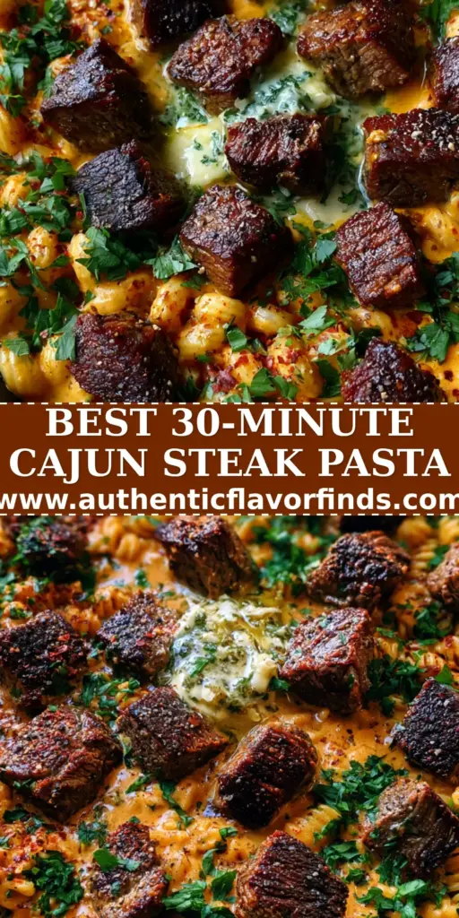 A rustic cast iron skillet filled with Creamy Cajun Butter Steak Pasta featuring ridged radiatori and mahogany-seared steak bites.