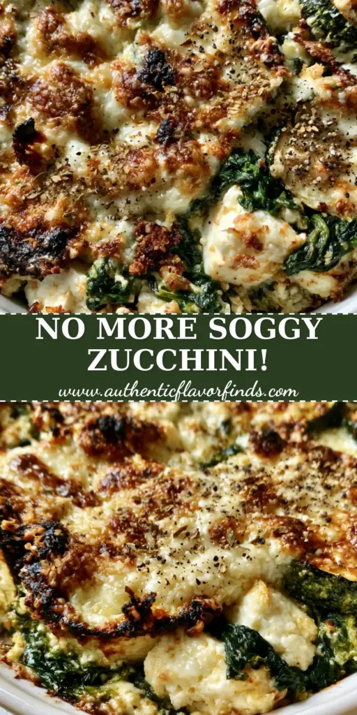 A top-down view of the Zucchini Spinach and Feta Casserole in a white ceramic dish, featuring roasted zucchini, wilted spinach, and large chunks of white feta cheese under a golden-brown parmesan crust.