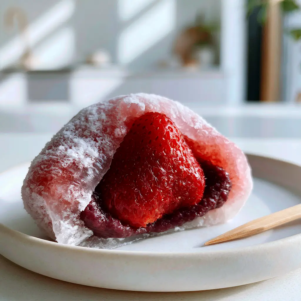 A close up of a pink Strawberry Mochi dusted with cornstarch on a white ceramic plate.