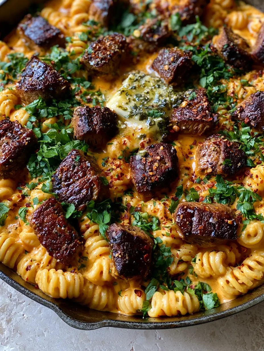 Top-down view of Cajun Butter Steak Pasta with a melting pat of herb butter and vibrant parsley garnish.