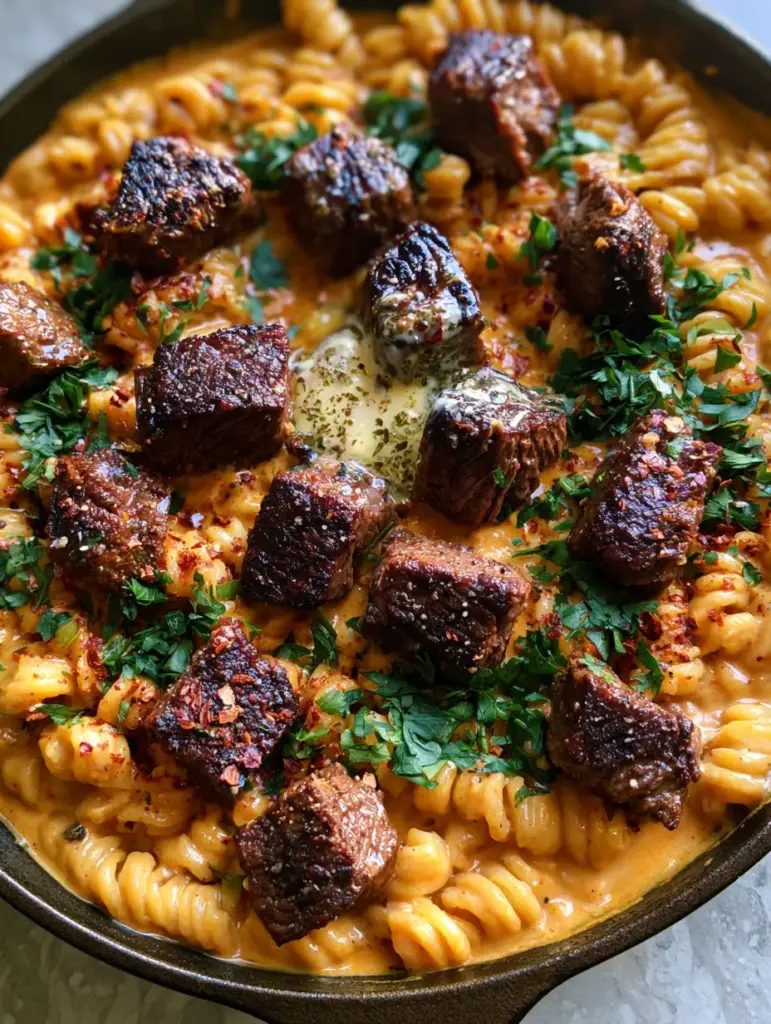 Angled shot of seared steak bites and radiatori pasta in an orange-tinted Cajun sauce.