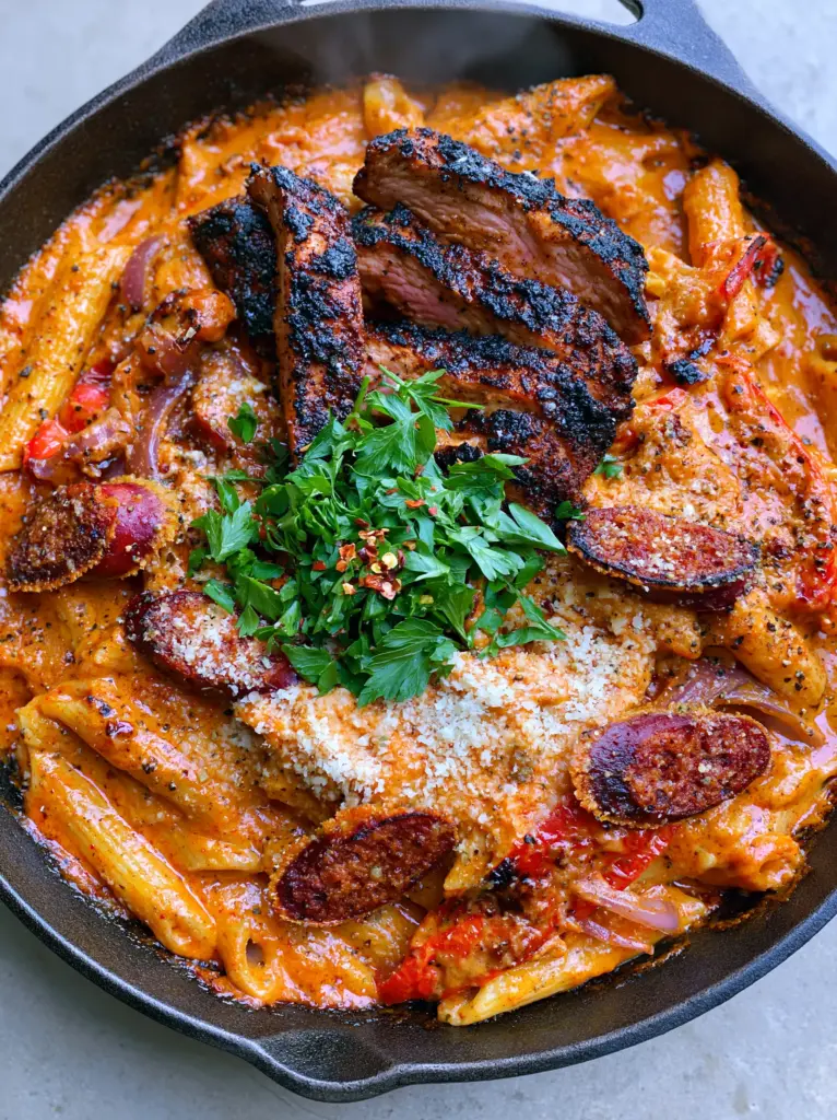 Slices of blackened chicken breast with charred edges and juicy centers on top of creamy cajun pasta.