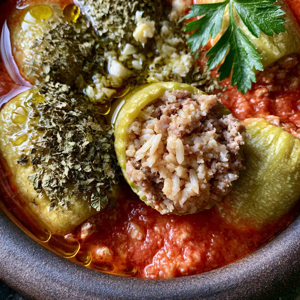 Overhead view of Lebanese stuffed zucchini in a thick tomato garlic sauce with golden olive oil beads.