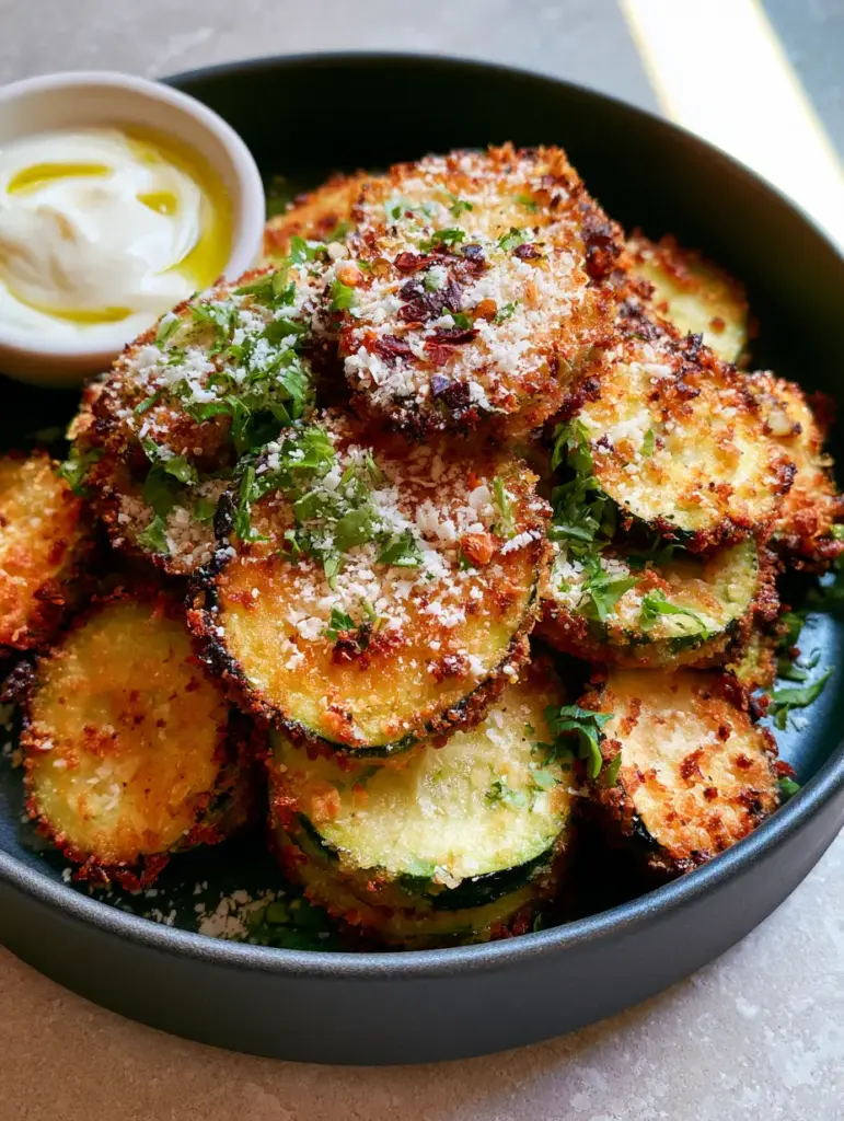 Top-down view of stacked zucchini coins garnished with red pepper flakes and parsley next to a garlic aioli ramekin.