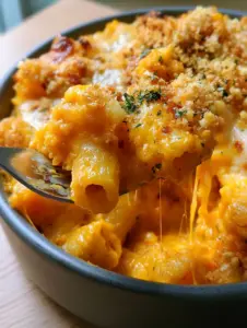 Macro shot of rigatoni in orange cheddar sauce with melted cheese pull and panko crumbs. (picky eater recipes)