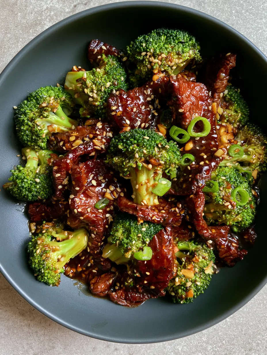 Close up shot of seared flank steak and emerald broccoli in a glossy sauce (beef and broccoli recipe).