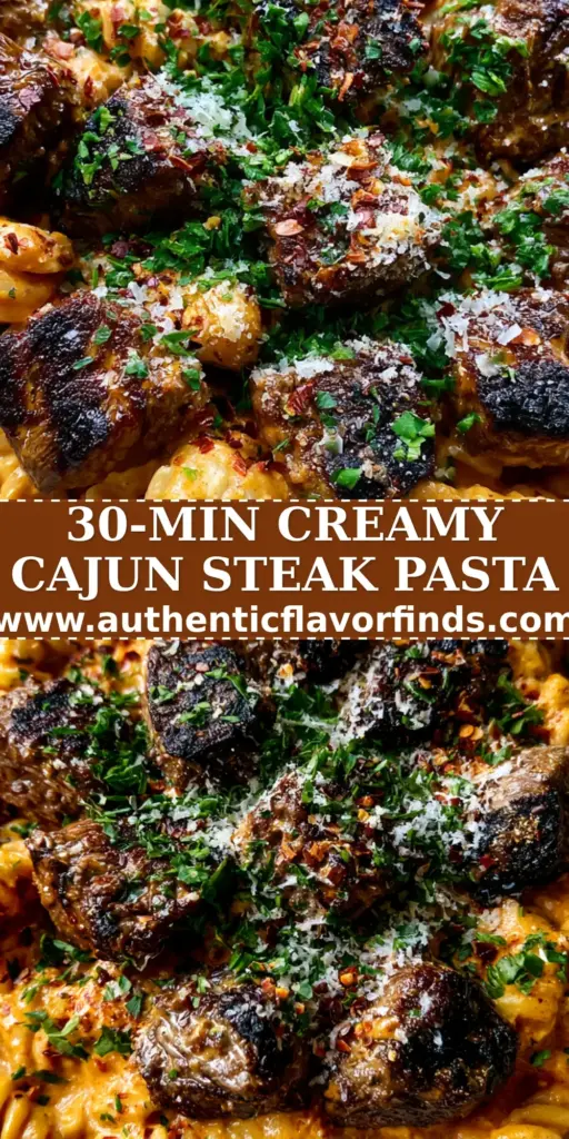 A close-up shot of Cajun steak tips pasta with charred beef, orange cream sauce, and a snow-like layer of Parmesan cheese.