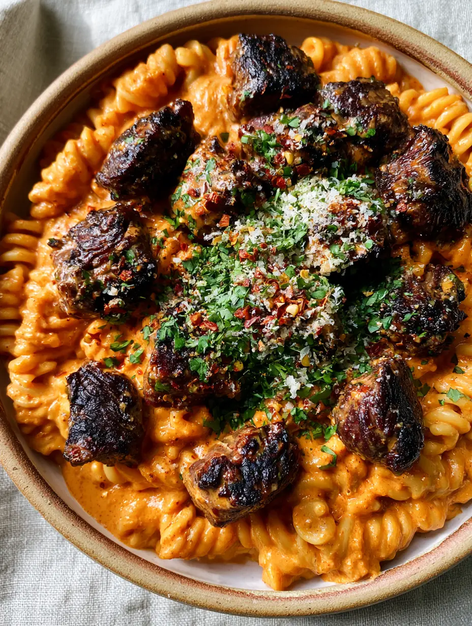 A top-down view of a rustic ceramic bowl filled with orange-tinted Cajun cream pasta and charred steak tips.