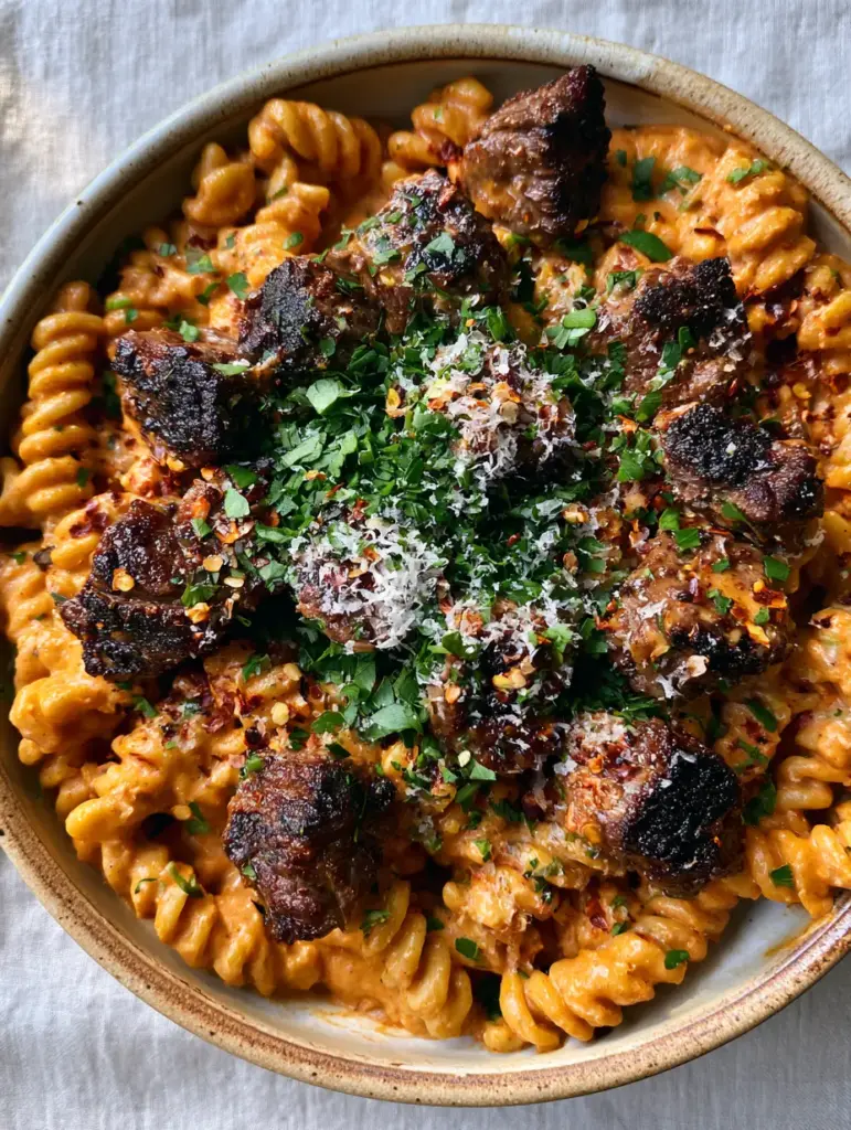 Handheld photo showing the velvety texture of the Cajun sauce on rotini spirals.
