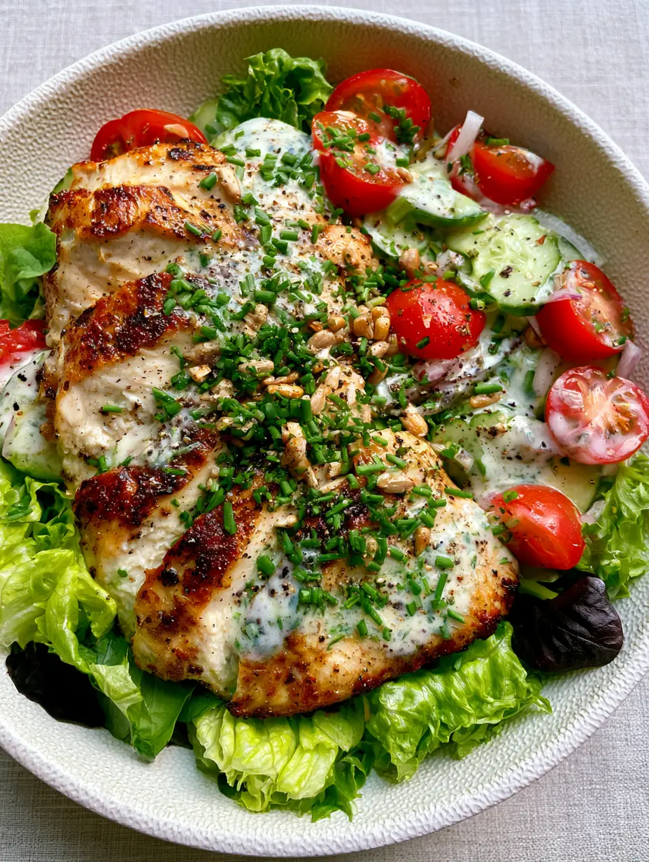 Close up of seared chicken breast with glistening juices and grill marks on a bed of fresh greens. (Hähnchensalat Rezept)