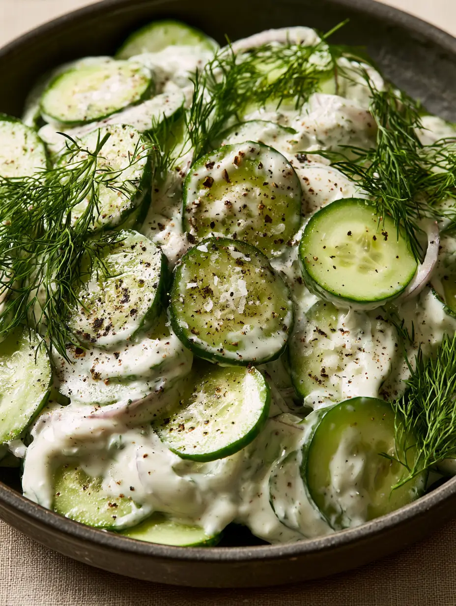 Macro 45-degree angle shot of creamy cucumber salad in a matte charcoal bowl featuring translucent cucumber slices. (creamy cucumber salad)