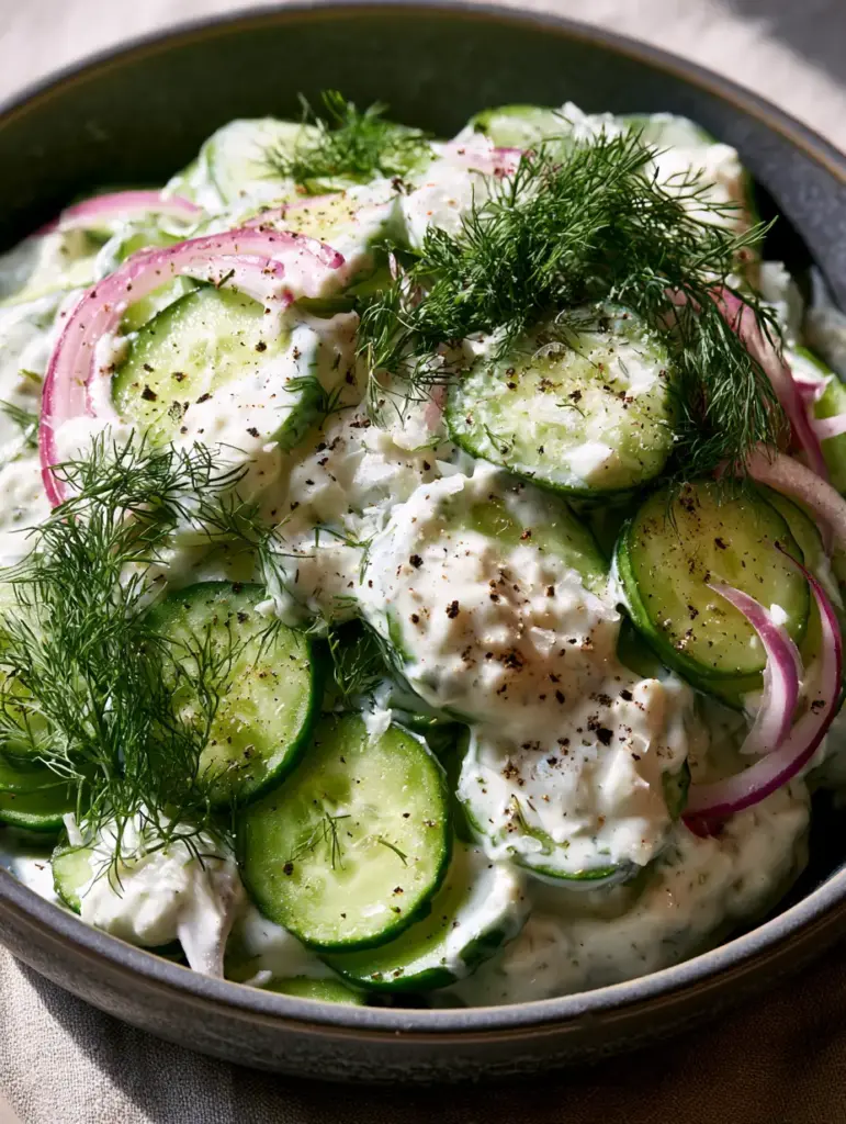 Close-up of razor-thin cucumber slices and thick opaque white yogurt dressing with feathery dill sprigs. (creamy cucumber salad)
