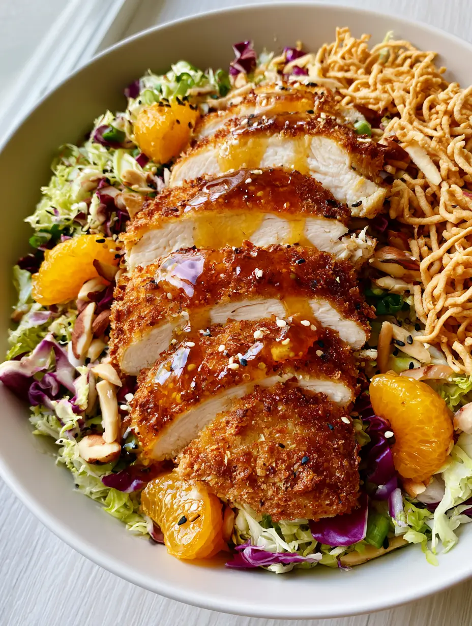 Close up of shredded green cabbage, purple radicchio, and sliced golden-brown crispy chicken breast with sesame seeds. (Oriental Chicken Salad)