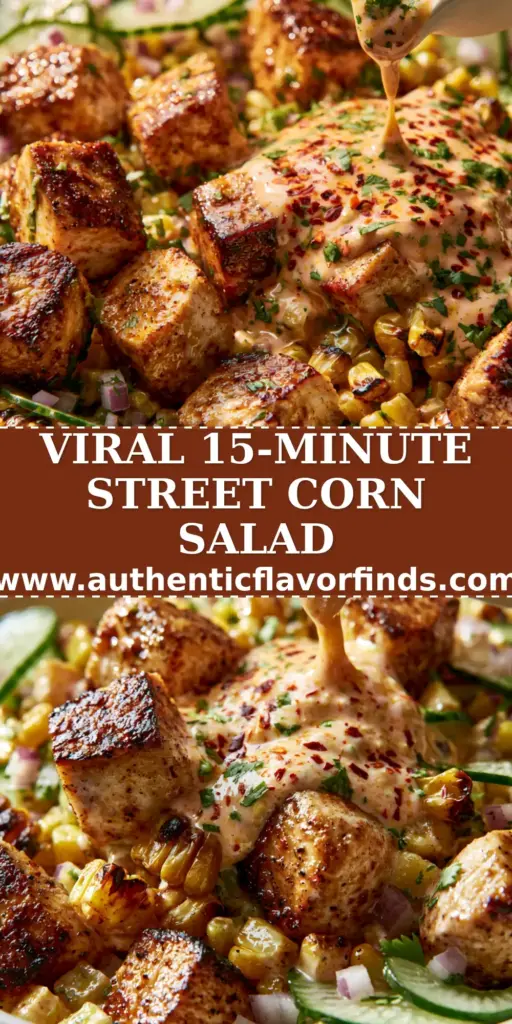 A close-up shot of a street corn cucumber chicken salad bowl with seared chicken, charred corn, and sliced cucumbers. (street corn cucumber chicken salad)