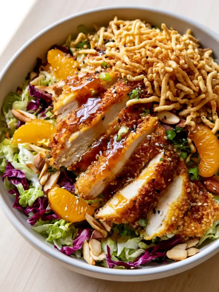 A matte white ceramic bowl containing Oriental Chicken Salad with mandarin oranges and crunchy chow mein noodles under natural daylight.