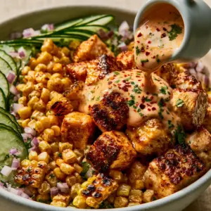 Extreme close-up of golden-brown chicken and charred corn in a street corn cucumber chicken salad bowl.