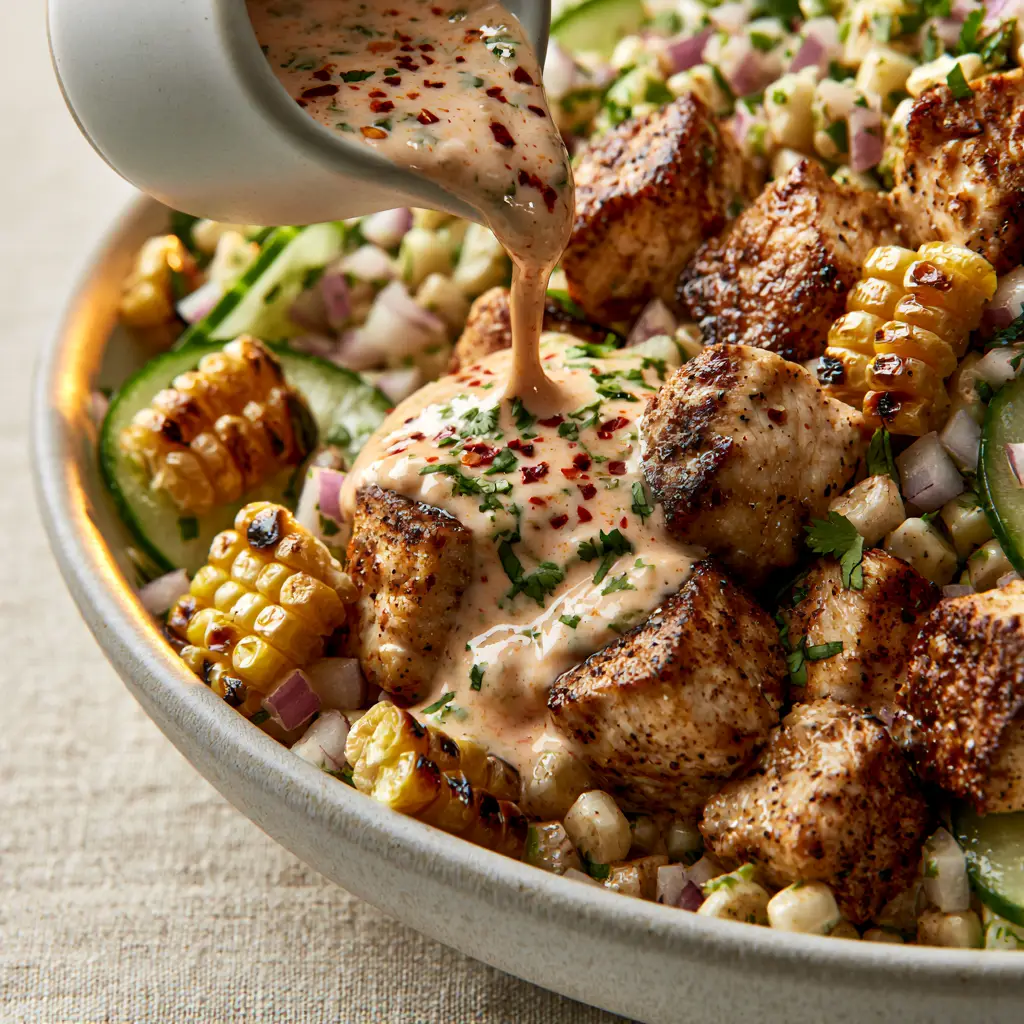 Creamy lime-tahini dressing with Tajin flakes being poured over a street corn cucumber chicken salad.