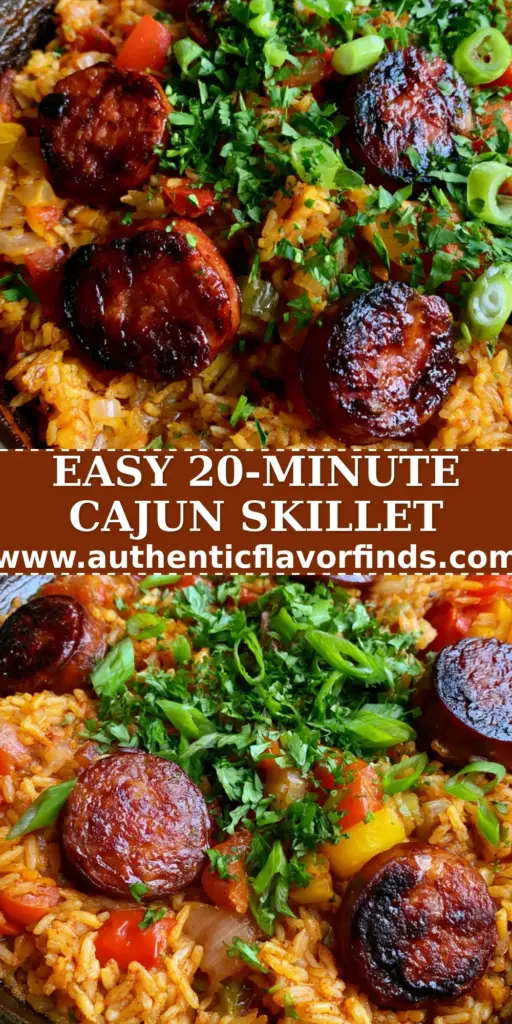 A close-up vertical shot of Cajun Sausage and Rice Skillet in a black cast iron pan, showing seared andouille sausage and fluffy golden rice. (Cajun Sausage and Rice Skillet)