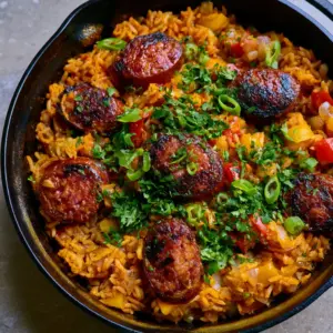 High-angle shot of a rustic cast iron skillet with seared mahogany andouille sausage slices and fluffy golden-orange rice. (Cajun Sausage and Rice Skillet)