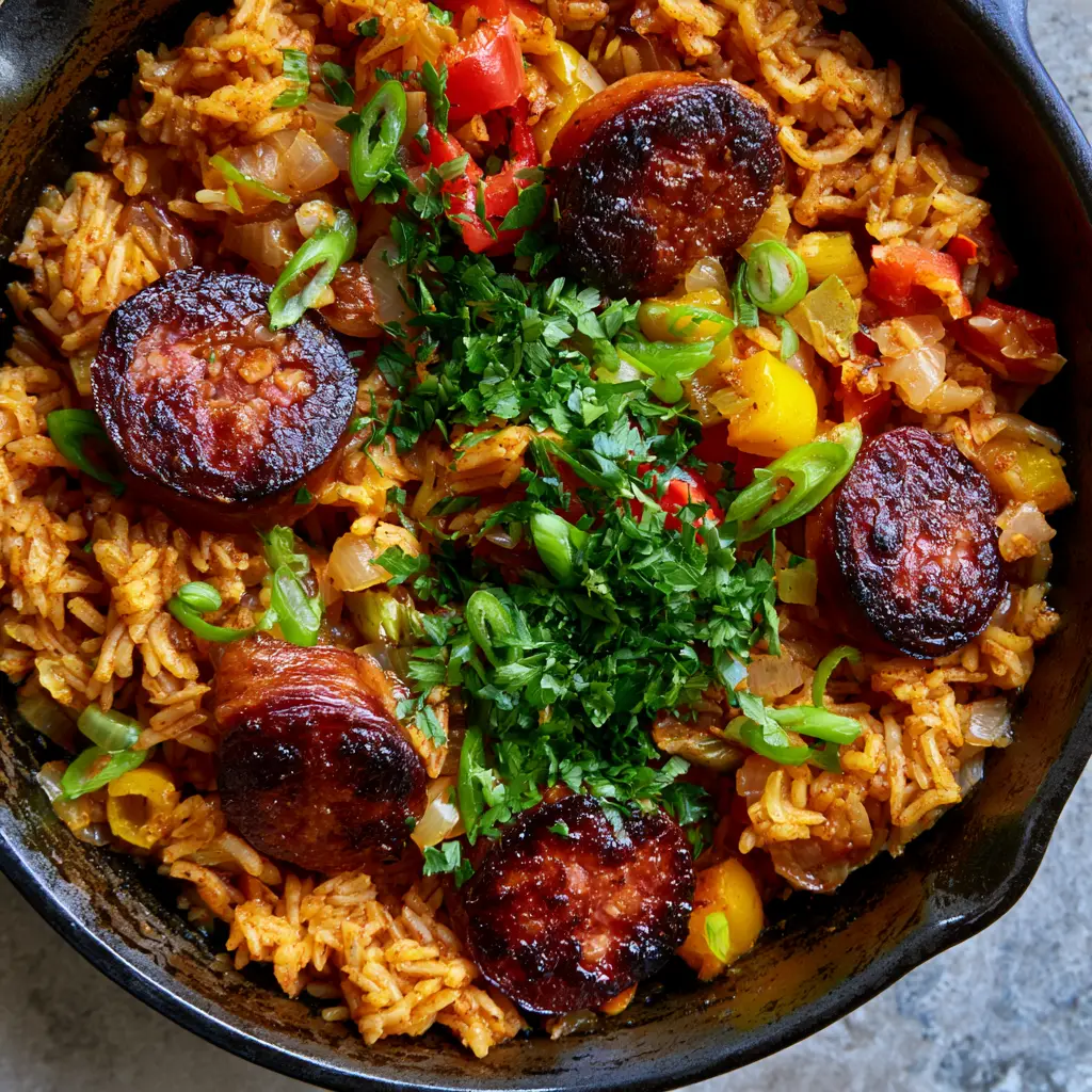 Detailed close-up of individual rice grains stained with smoked paprika and tossed with red and yellow peppers. (Cajun Sausage and Rice Skillet)