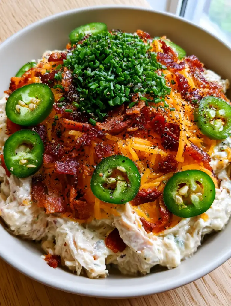 Close up of mahogany-colored extra-crispy bacon and bright green jalapeño rings on Jalapeño Popper Chicken Salad.