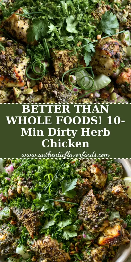 Overhead view of a gourmet dirty herb chicken salad with seared chicken chunks, green pesto dressing, and fresh herb garnish in a stoneware bowl.