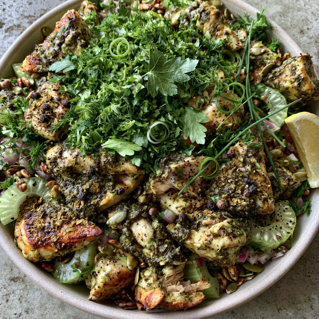 A gourmet dirty herb chicken salad topped with fresh dill, chives, and toasted pepitas.
