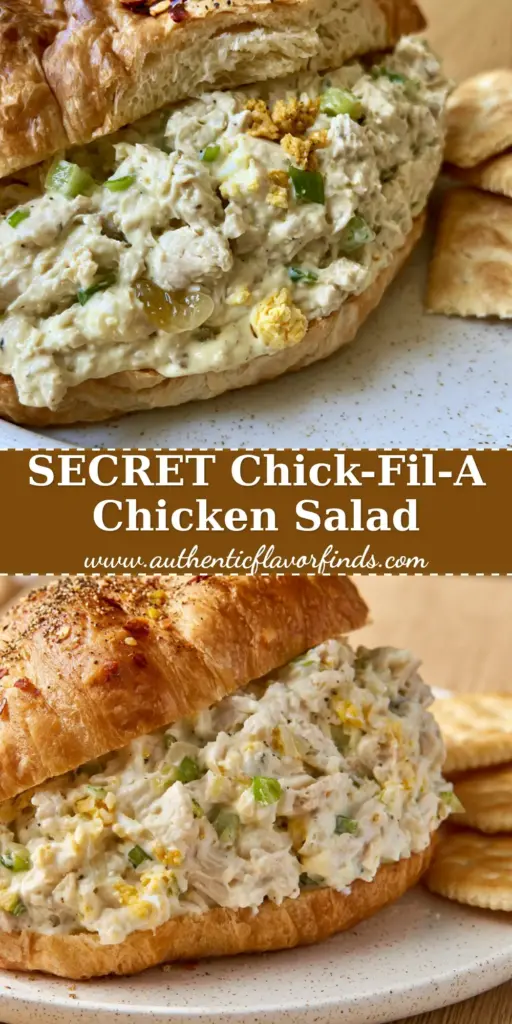 Close-up of a Chick-Fil-A Copycat Chicken Salad sandwich on a buttery toasted croissant with black pepper and red pepper flakes garnish.