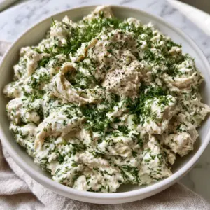 Top-down angled close-up of a premium Round Swamp Farm chicken salad in a minimalist white bowl with ribbons of chicken and vivid green dill.