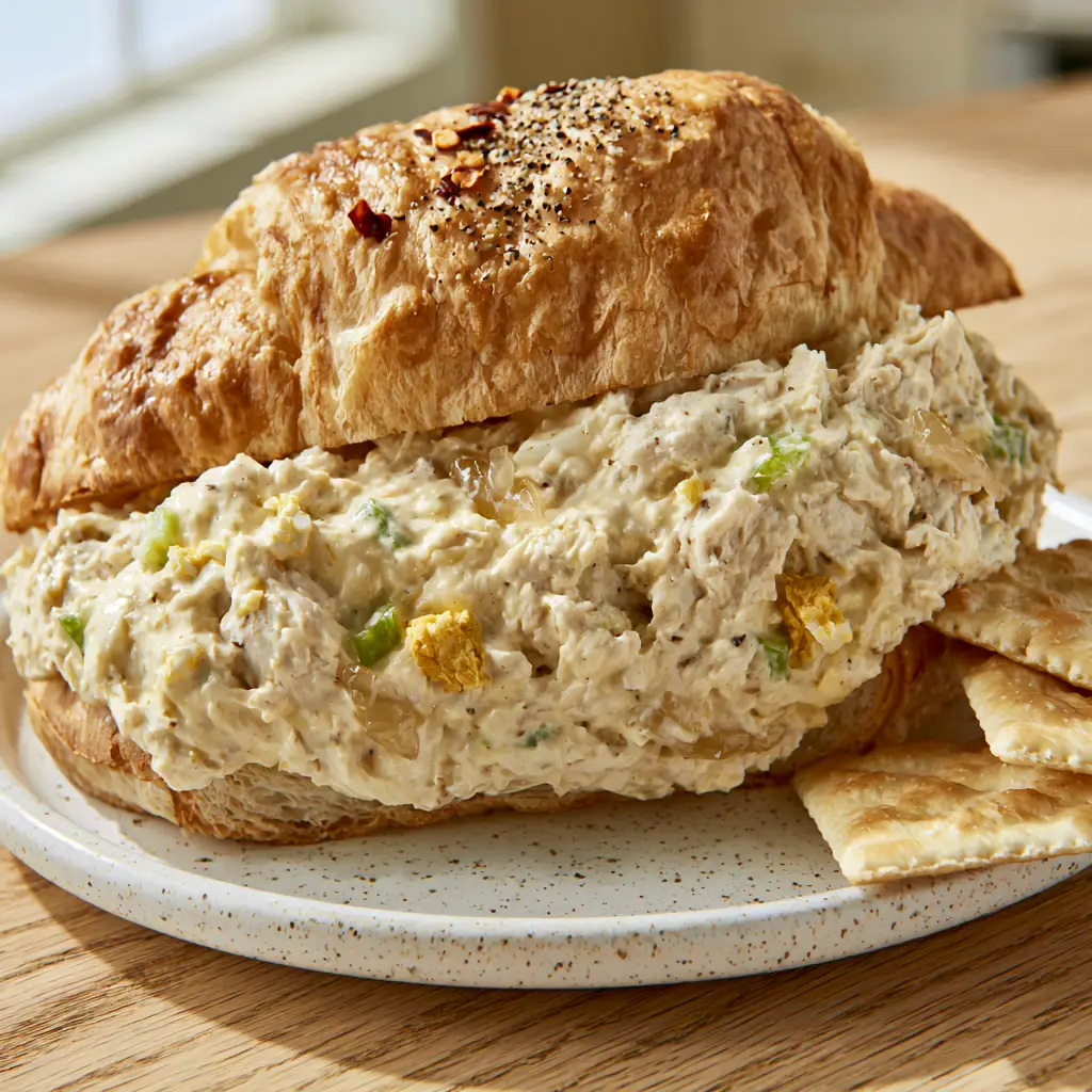 Chick-Fil-A Copycat Chicken Salad sandwich sliced diagonally on a white plate with three buttery crackers.