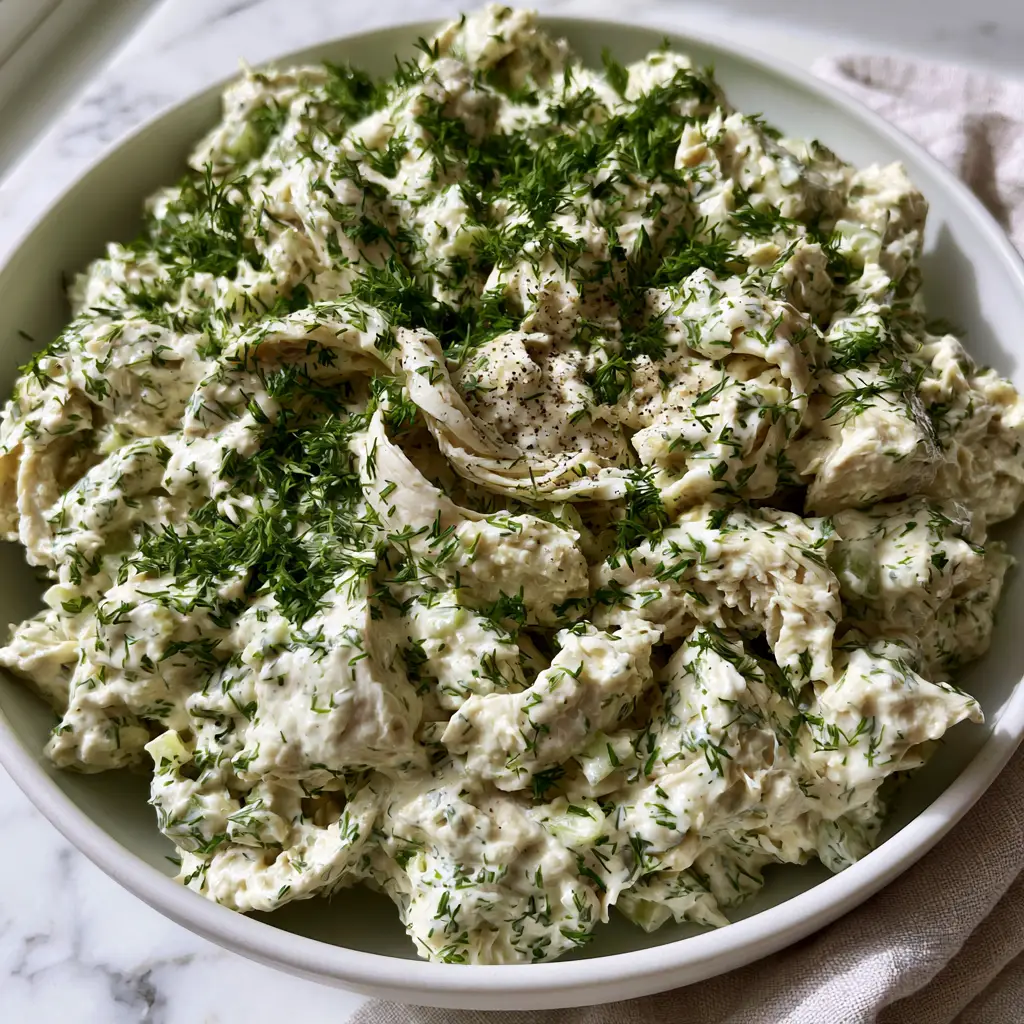 Gourmet chicken salad with heavy dill garnish and cracked black pepper in a white bowl on a marble surface.