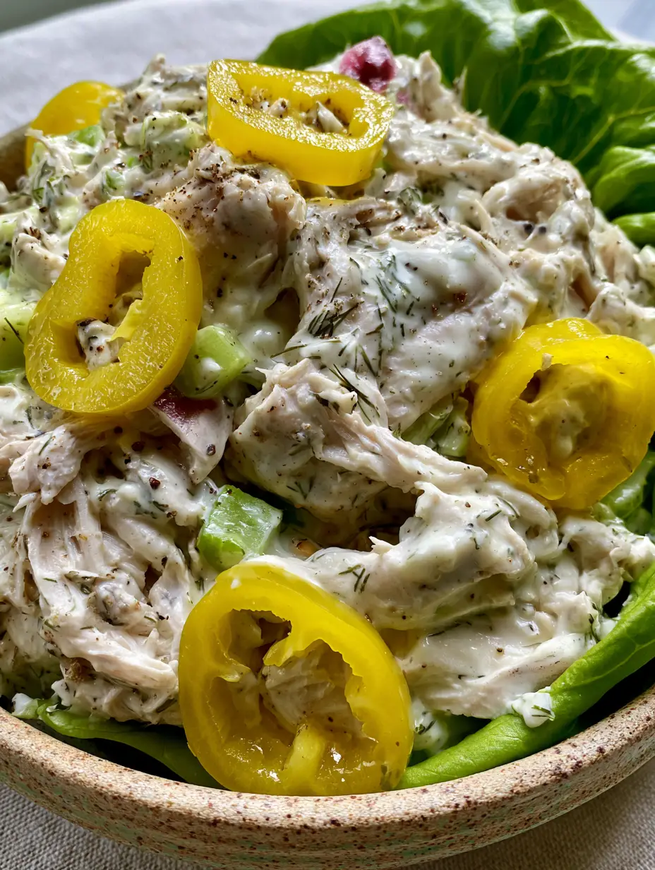 Extreme close-up of Pepperoncini Chicken Salad showing the thick creamy Greek yogurt dressing, black pepper specks, and translucent yellow pepperoncini rings.