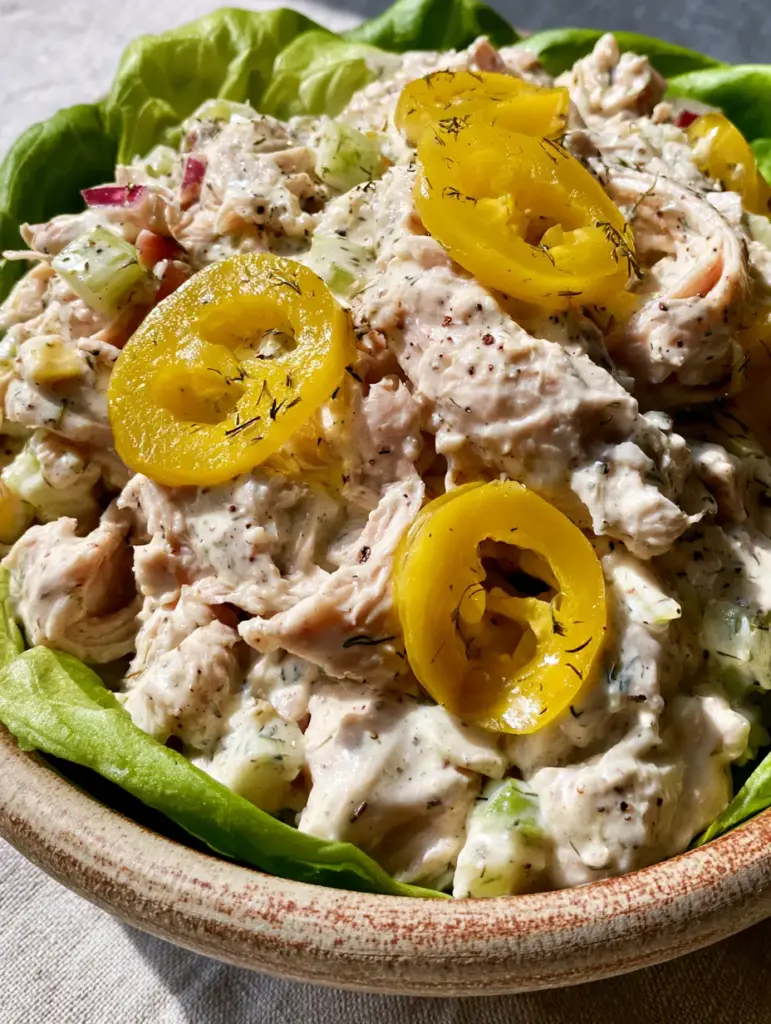 Handheld photo of Pepperoncini Chicken Salad in a rustic bowl featuring shredded chicken, red onion slivers, and green celery.