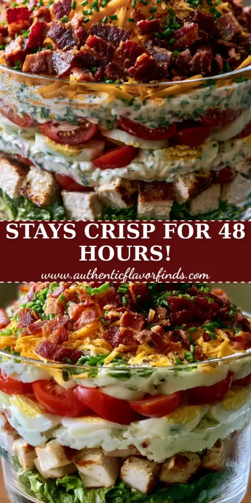 A side-profile shot of a crystal clear glass trifle bowl filled with a vibrant Chicken Bacon Ranch Layer Salad with defined layers of lettuce, chicken, tomatoes, and eggs.
