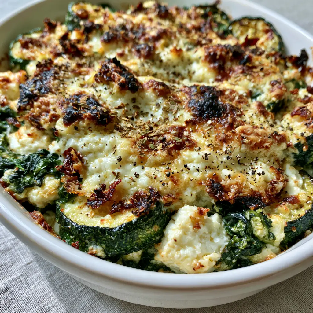 A handheld smartphone photo of a fresh Zucchini Spinach and Feta Casserole showing the firm, dry texture and vibrant green spinach layers.