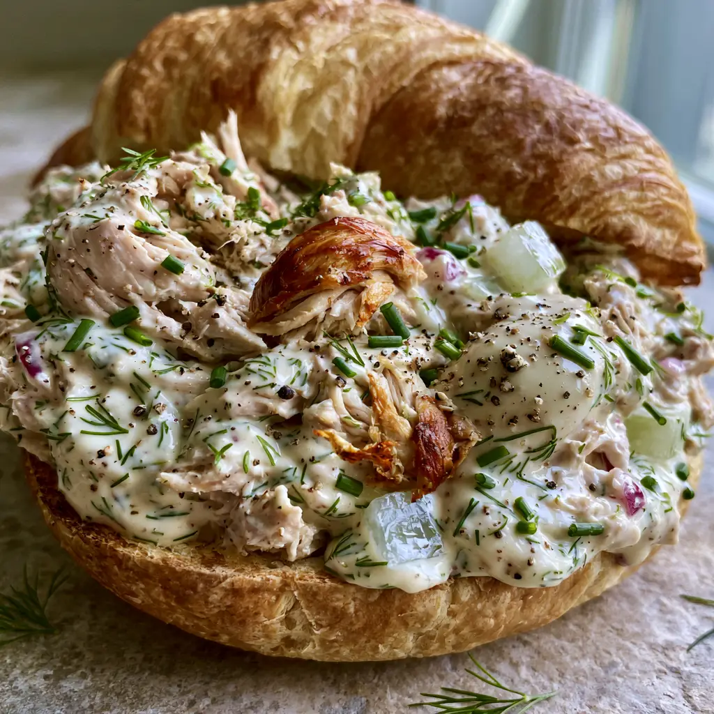 A shatter-crisp toasted croissant overflowing with thick herb chicken salad and ruby-red onion gems.