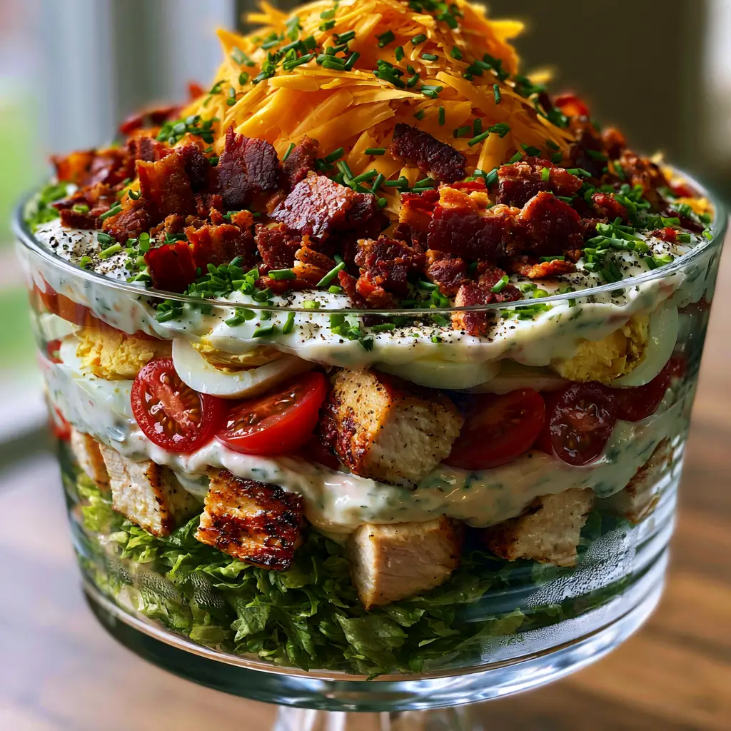 Top view of Chicken Bacon Ranch Layer Salad showing a mountain of shredded cheddar and crispy bacon crumbles.