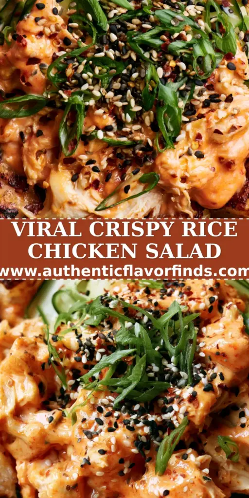 A top-down macro shot of a vibrant Bang Bang Chicken Crispy Rice Salad featuring golden-brown sushi rice squares and creamy orange sriracha mayo chicken.